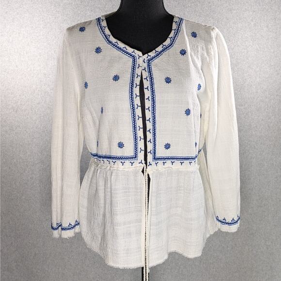 True Craft Jacket L White 100% Cotton Blue Embroidered Boho Peplum Tie Raw Hems - Picture 3 of 15